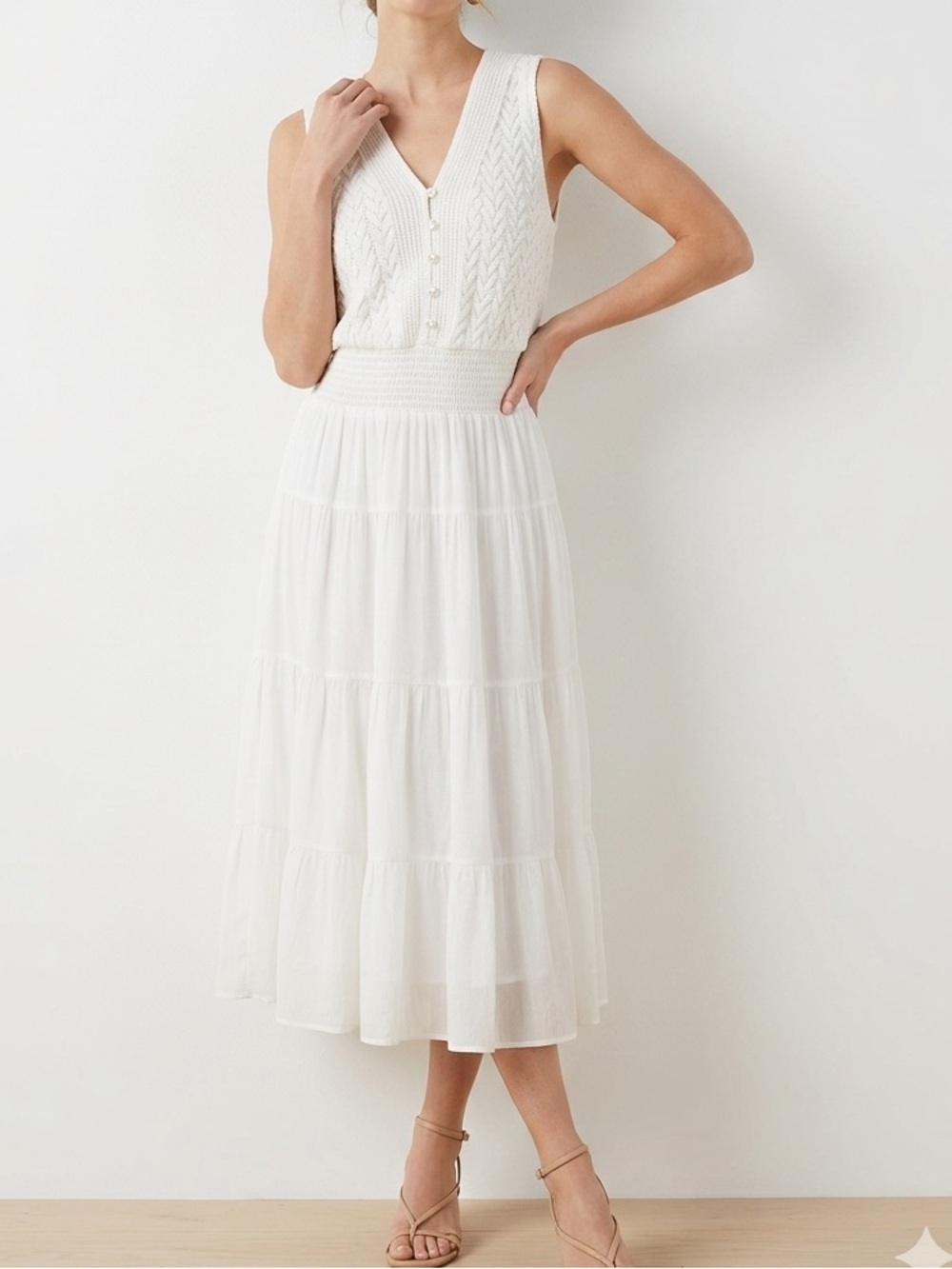 Kings Road White Eyelet Lace Tiered Midi Dress Sleeveless Smocked V-Neck❤️